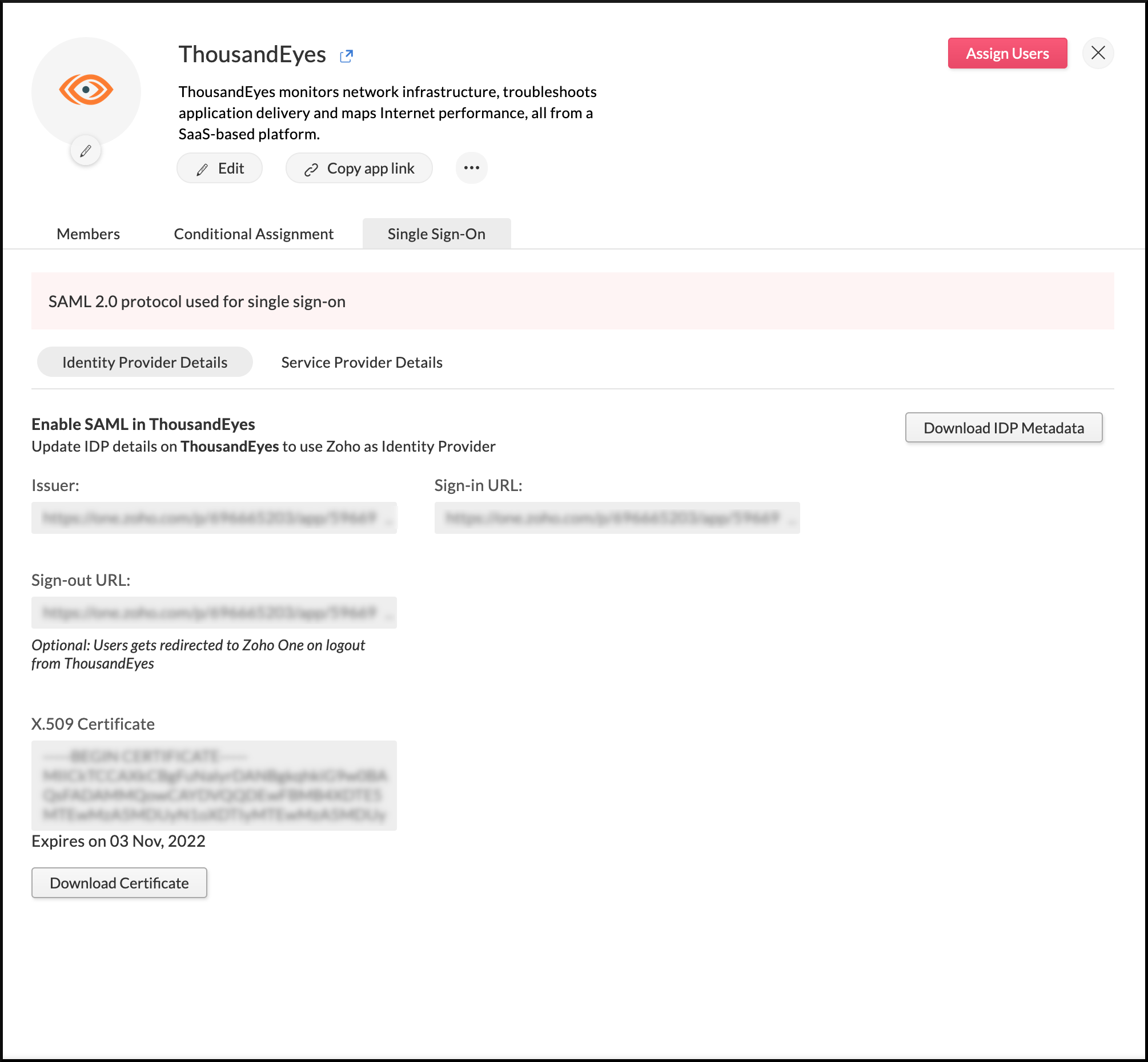 Identity provider details needed to configure SAML in ThousandEyes