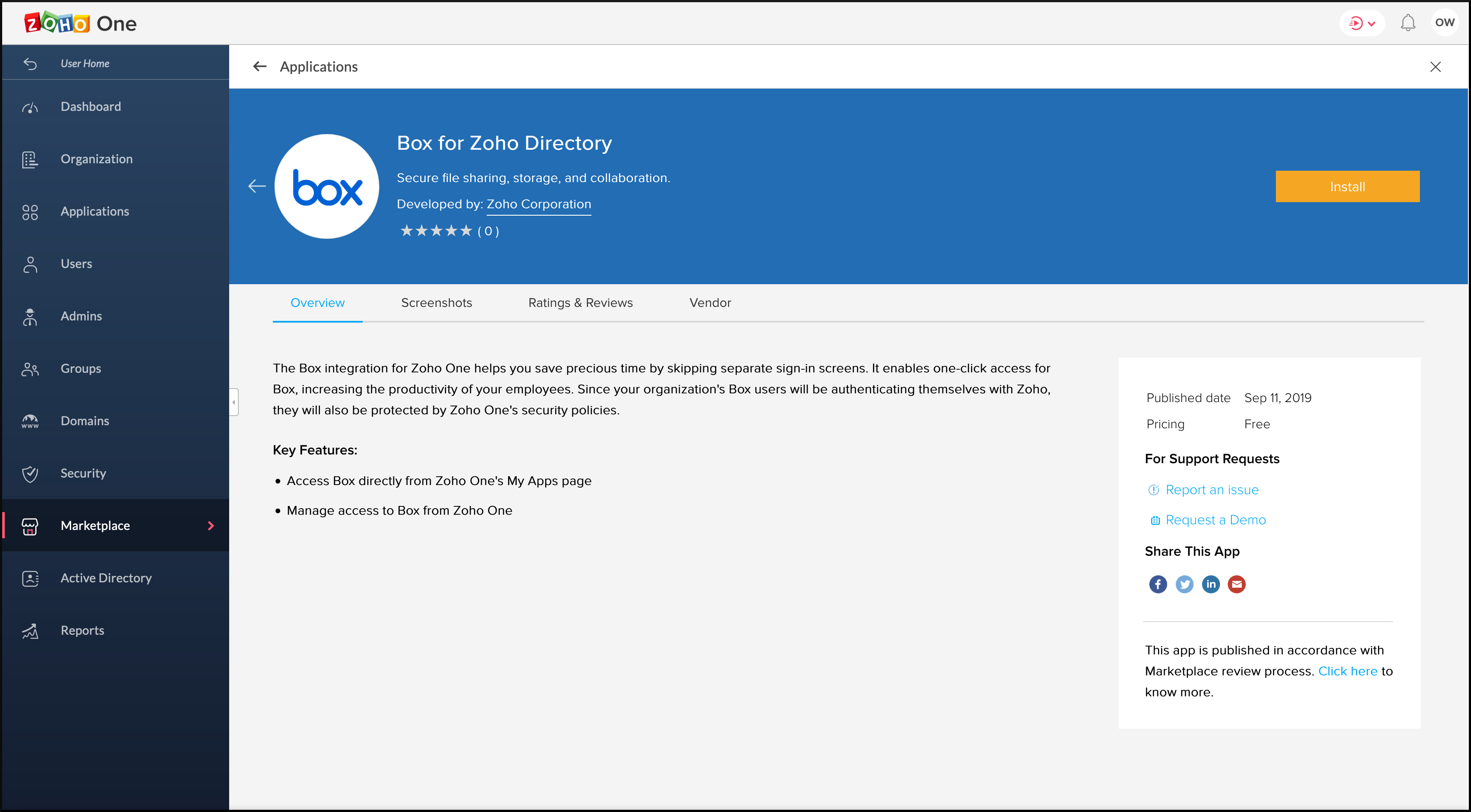 Box's installation page in Zoho Marketplace