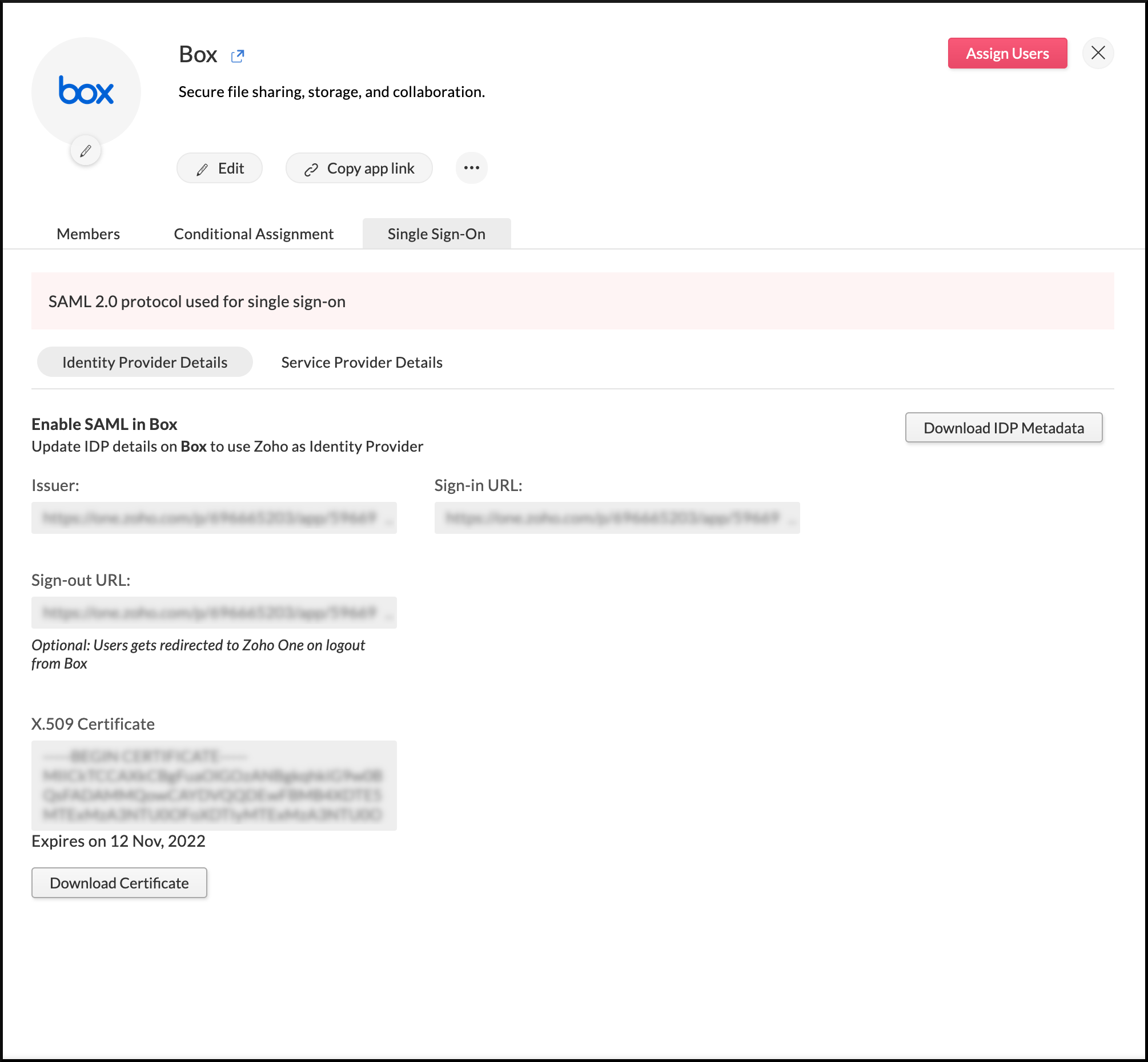 Identity provider details needed to configure SAML in Box