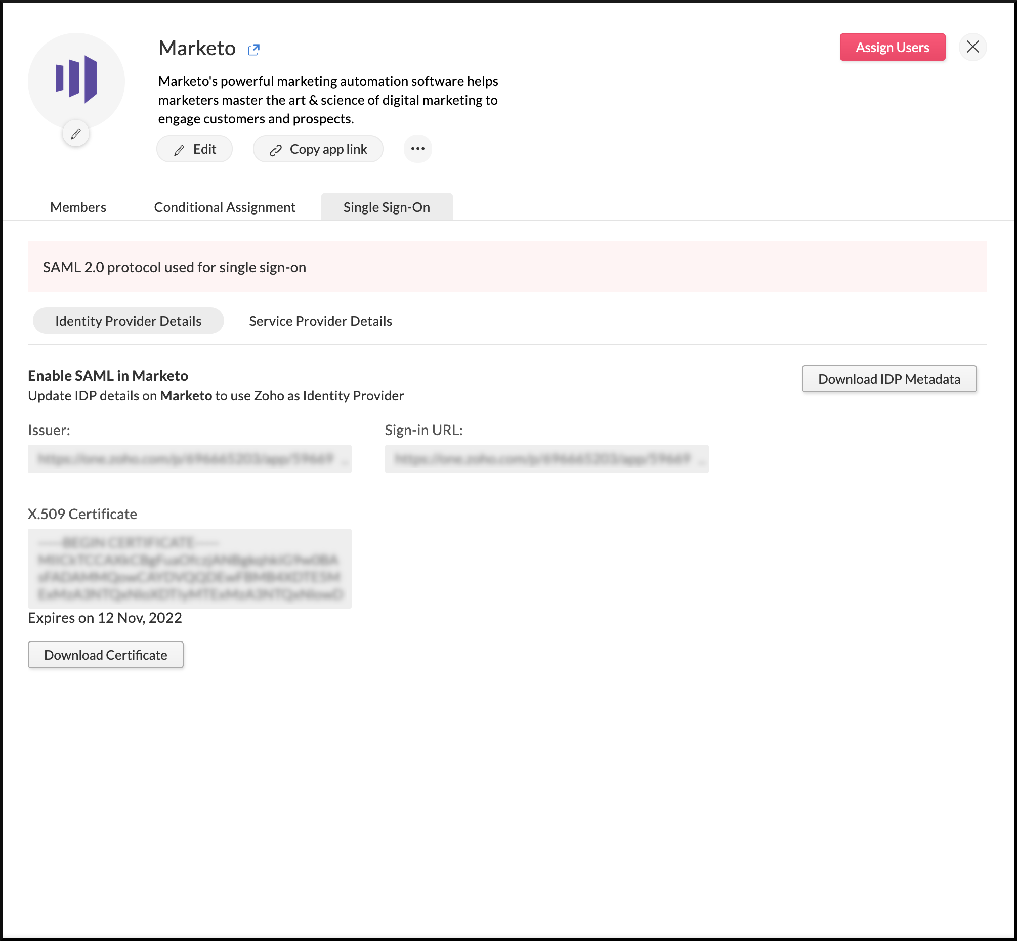 Identity provider details needed to configure SAML in Marketo