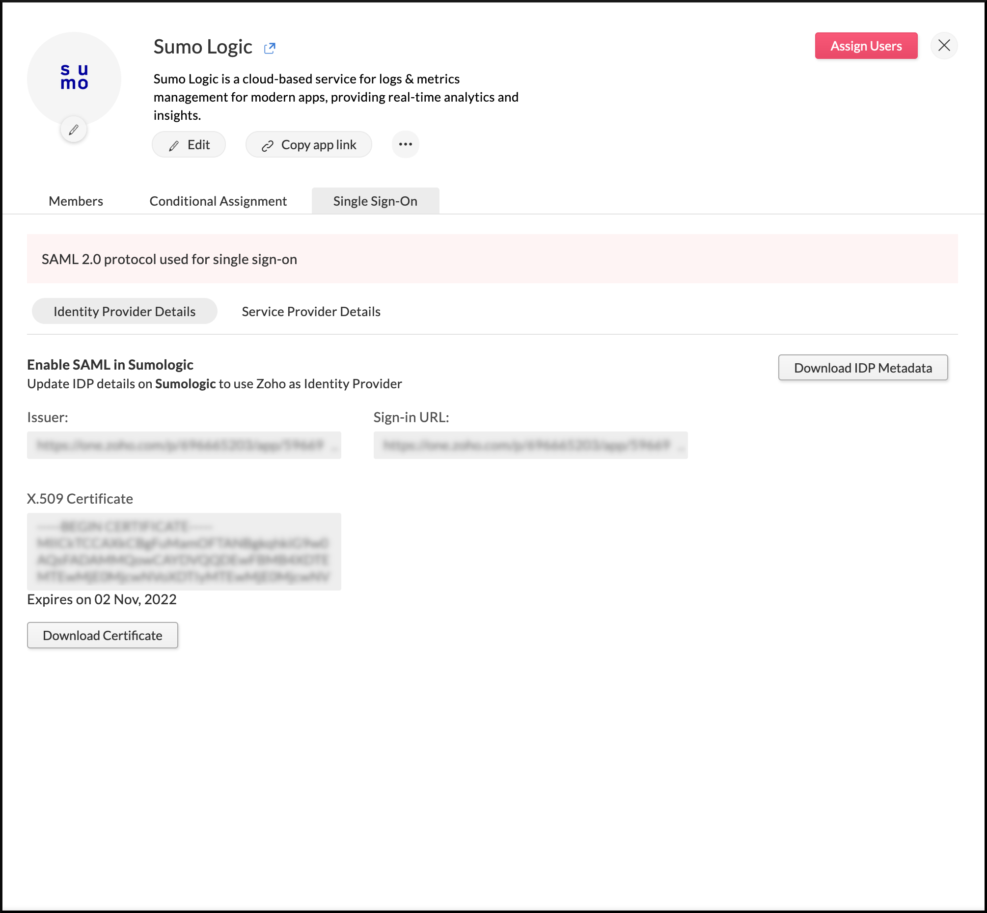 Identity provider details needed to configure SAML in Sumo Logic