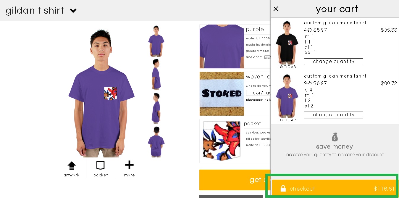 Checkout option for ordering two of the same custom designs in different colours.