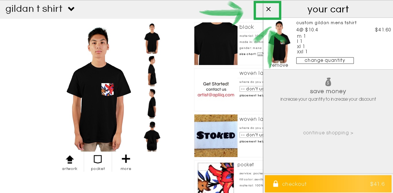 Closing the cart to update the colour of the custom apparel design