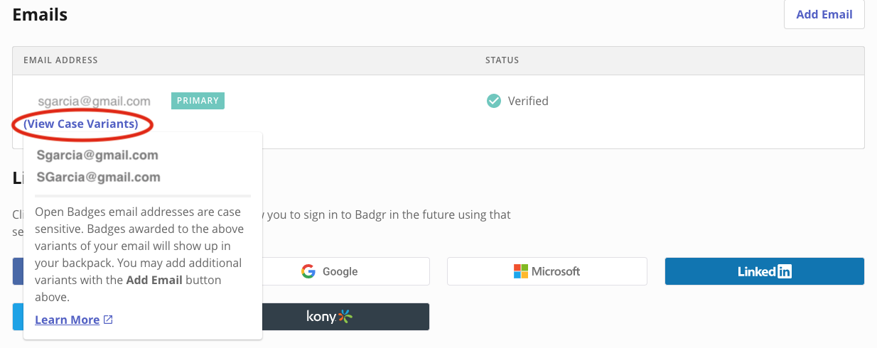 Badgr user profile - case variant dropdown