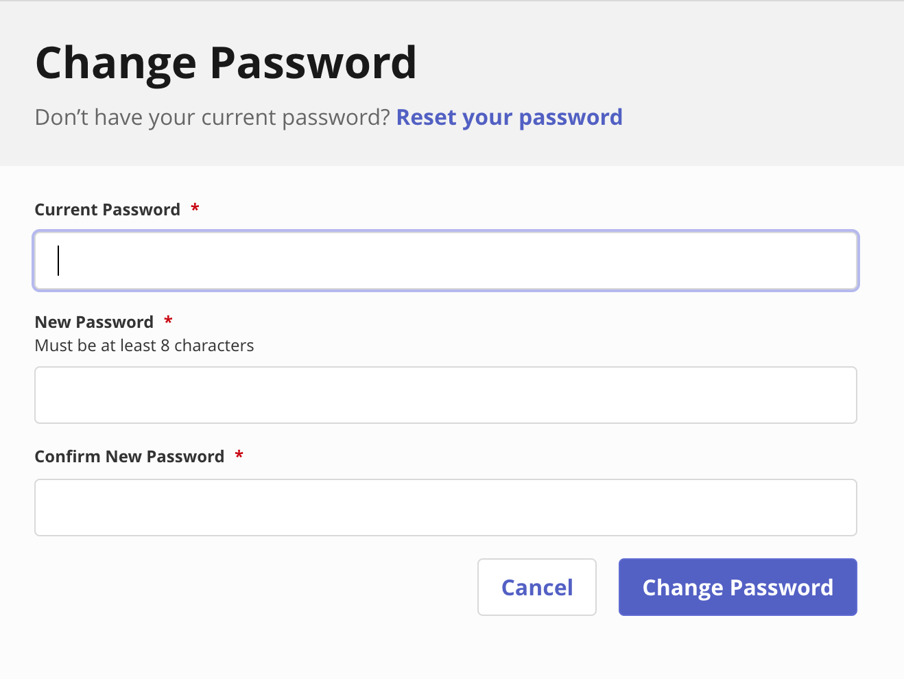 Change password popup