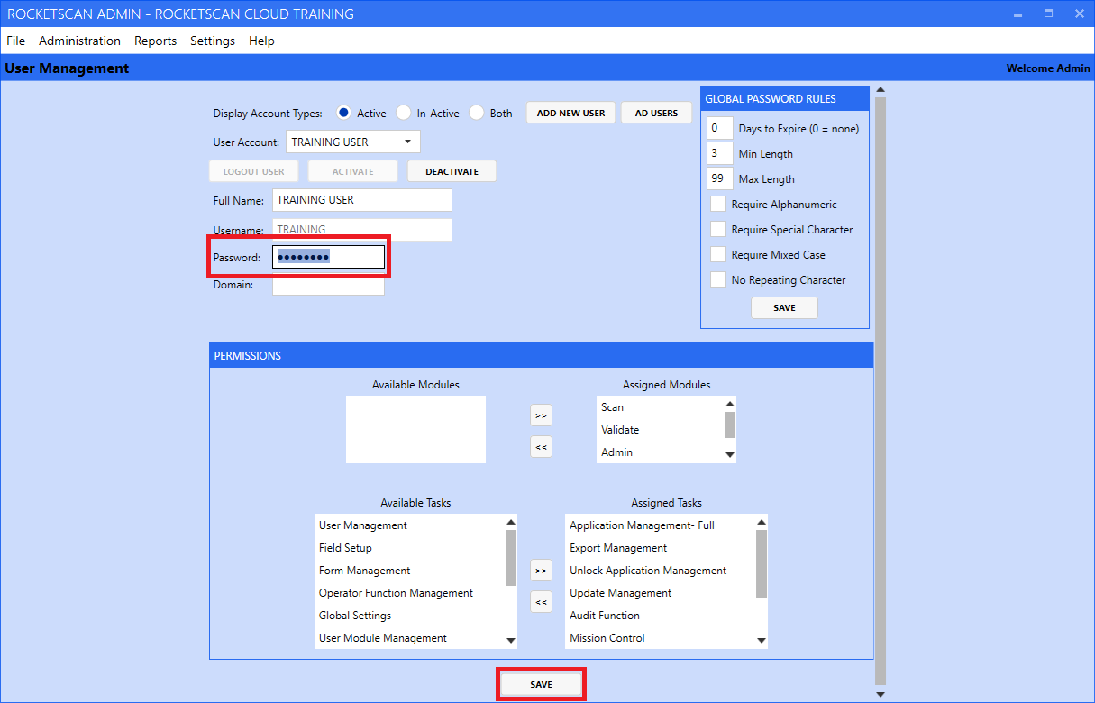 The RocketSCAN User Management screen with red boxes surrounding the Password field and Save button.