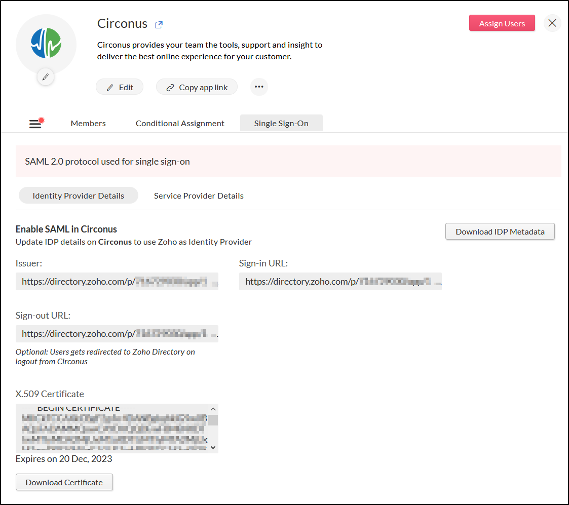 Circonus SSO page in Zoho One and Zoho Directory