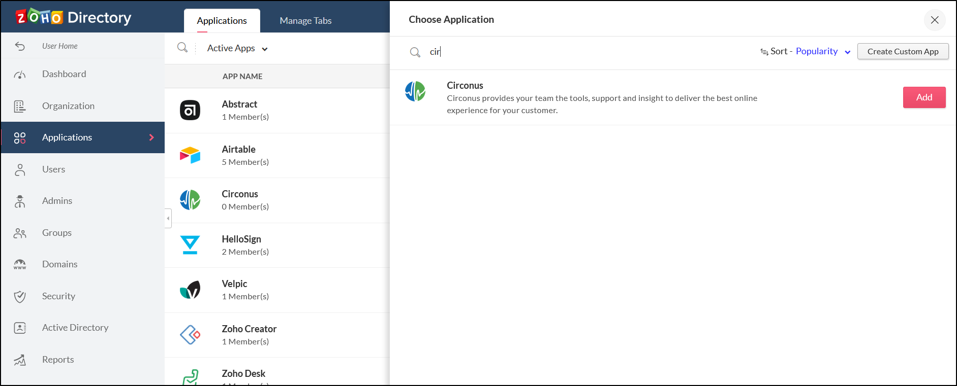 Add Circonus in Zoho Directory