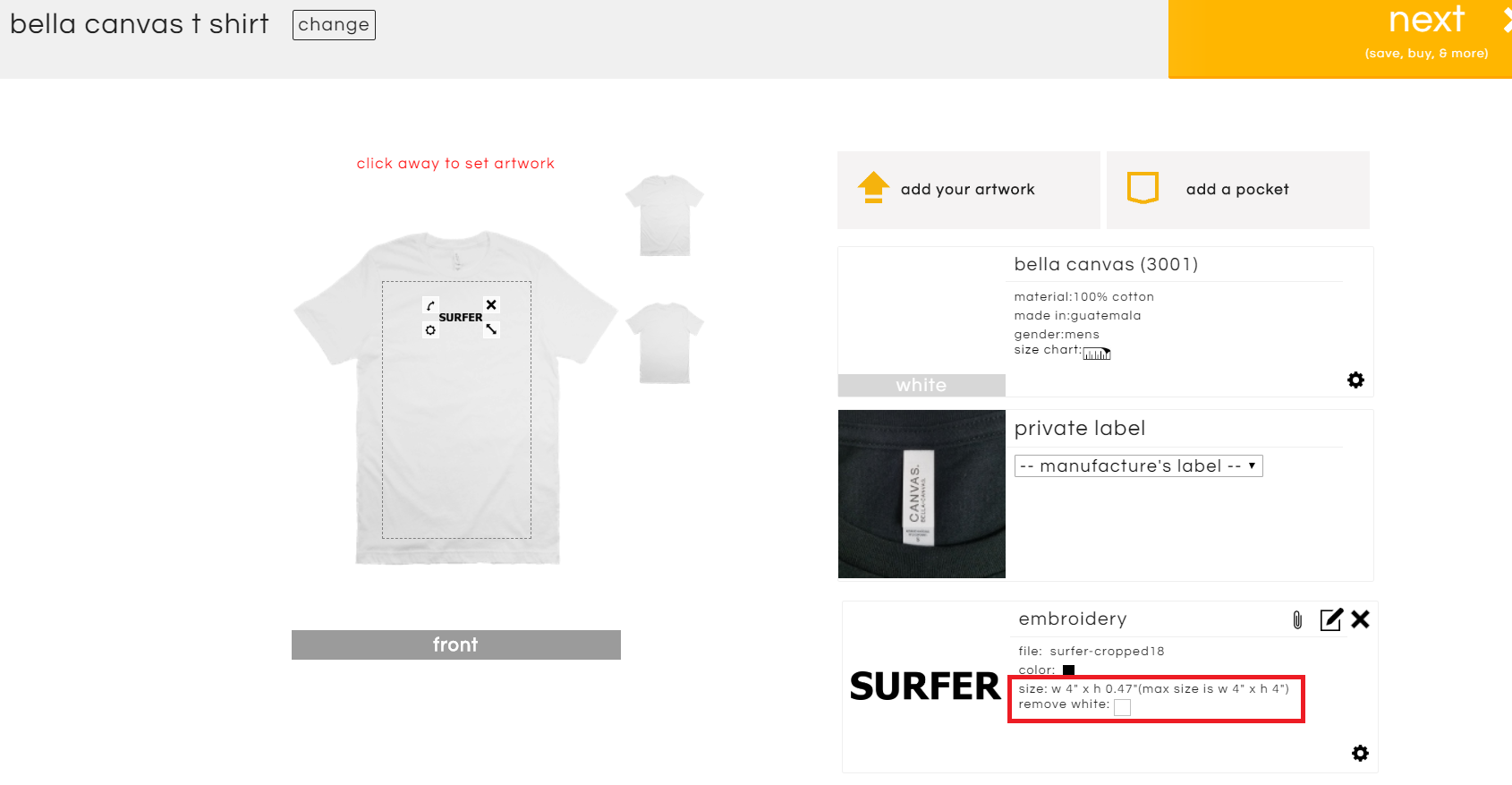 example of max custom embroidery size on t shirt