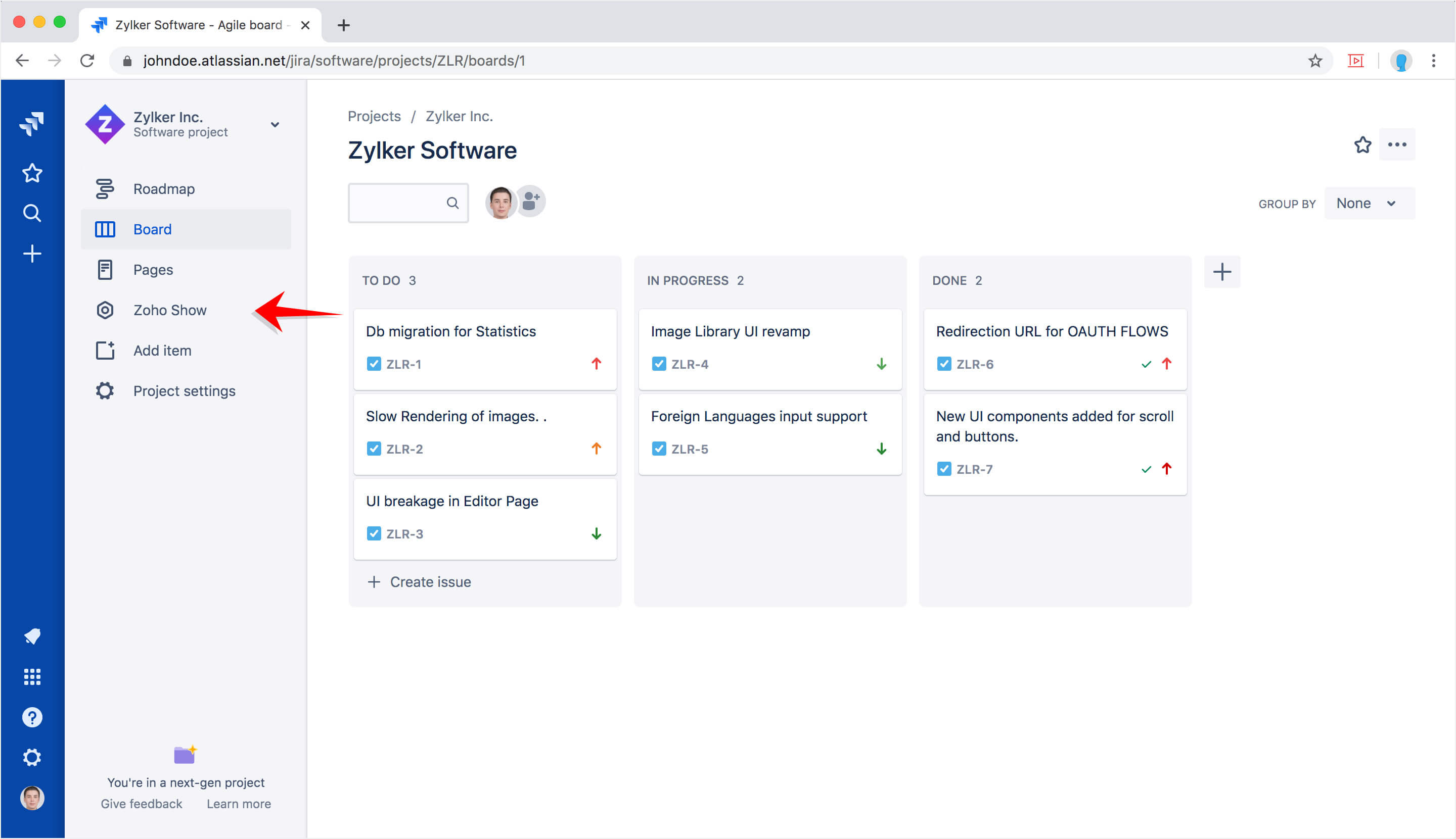 Click Zoho Show from the Jira Board