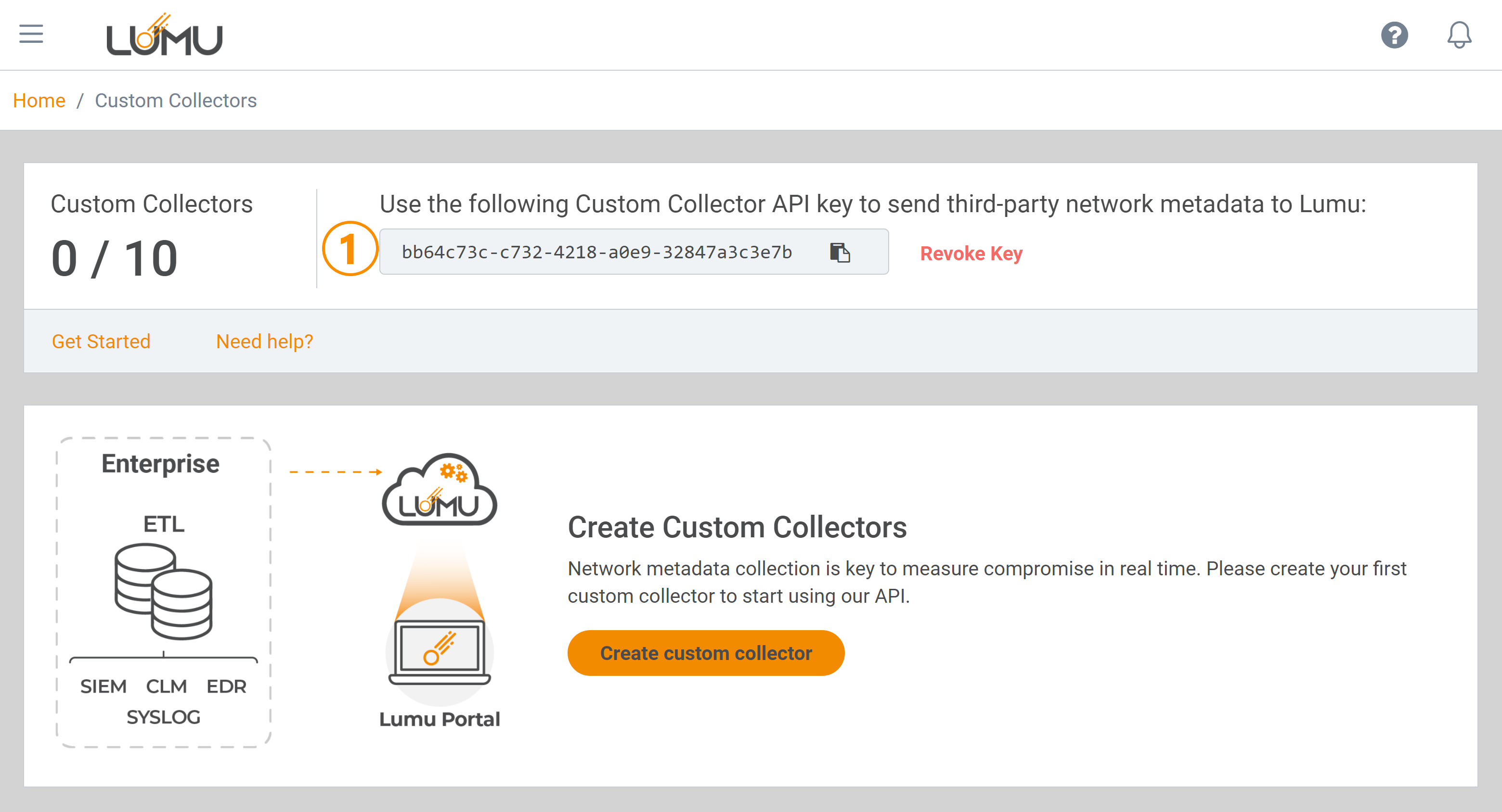 Custom Collector API management area - Lumu Portal