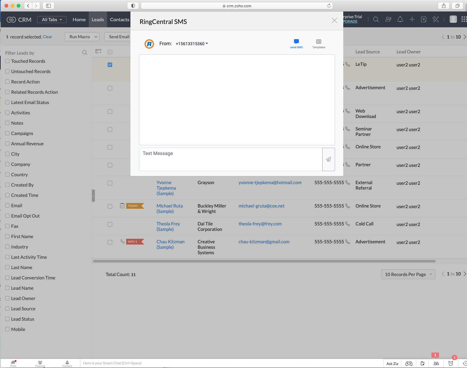 How to Use RingCentral SMS Zoho CRM Extension