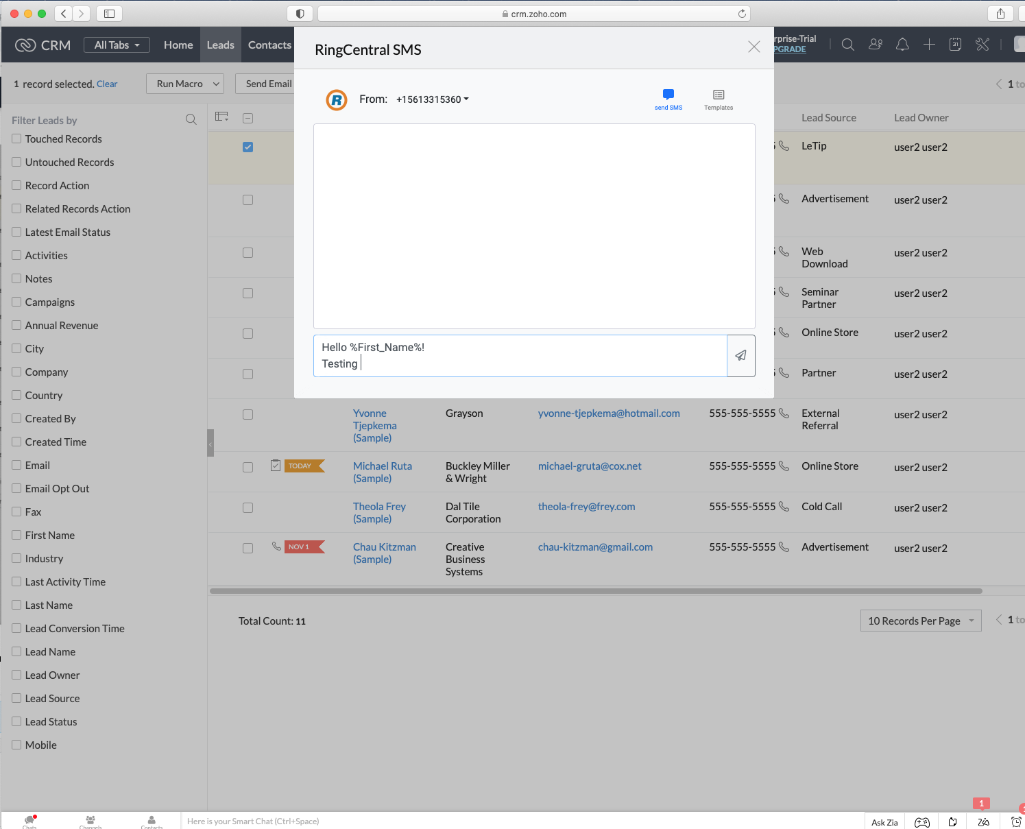How to Use RingCentral SMS Zoho CRM Extension