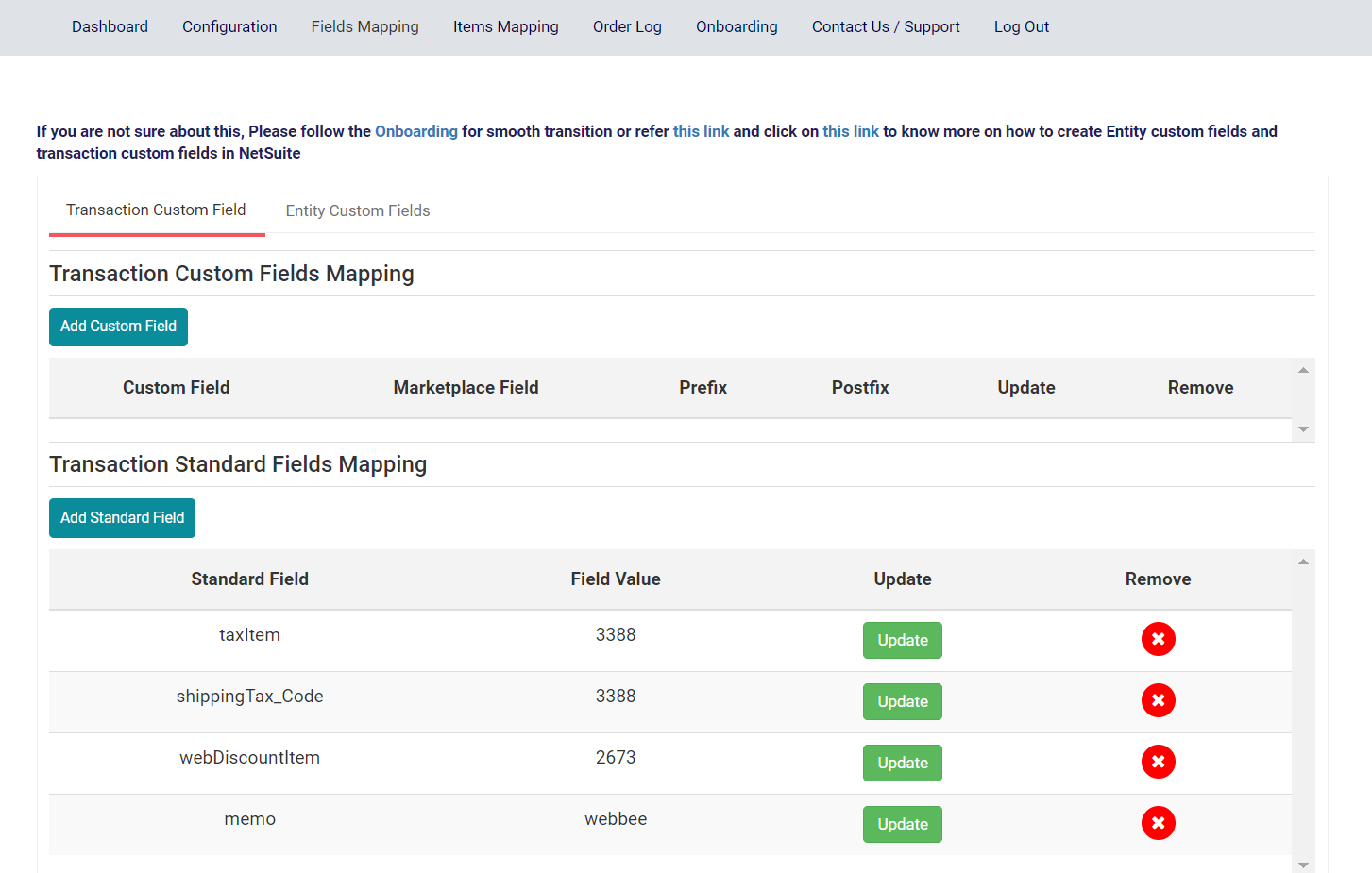 NetSuite Connector Fields Mapping Page Overview