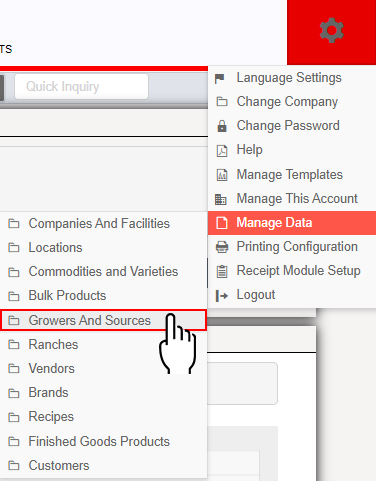 Manage Growers and Sources in the dropdown