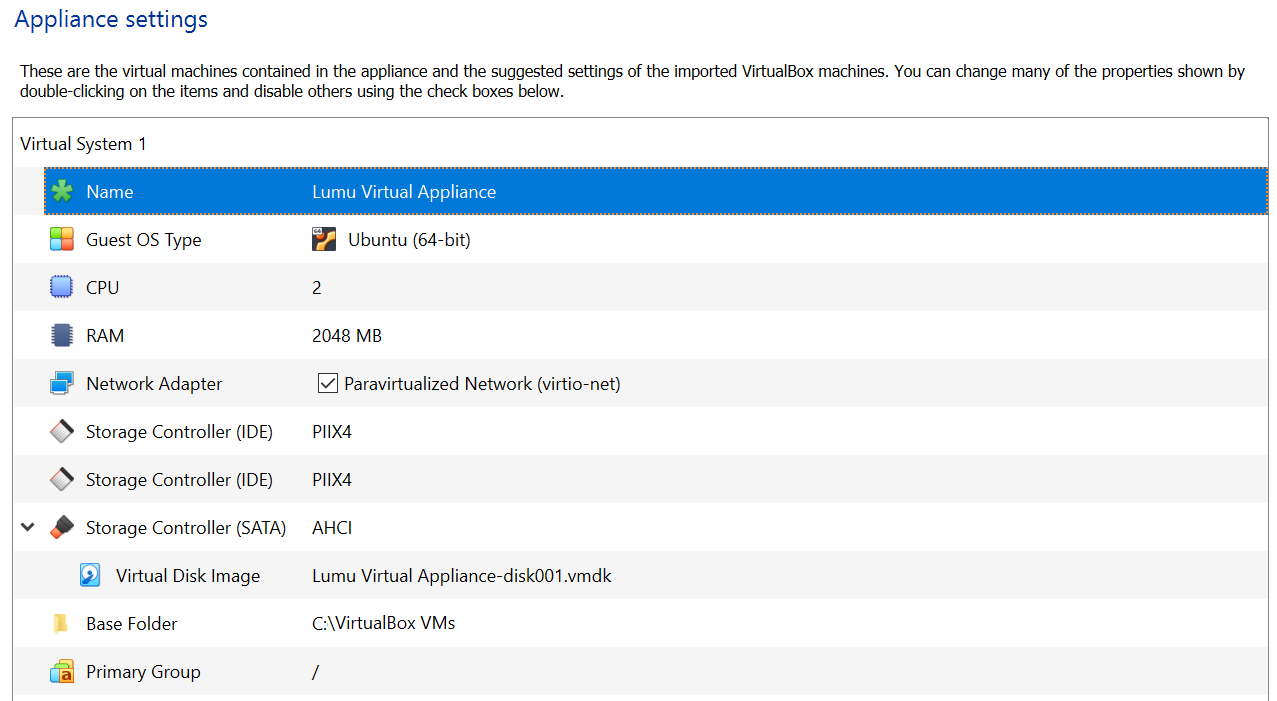 VirtualBox appliance settings