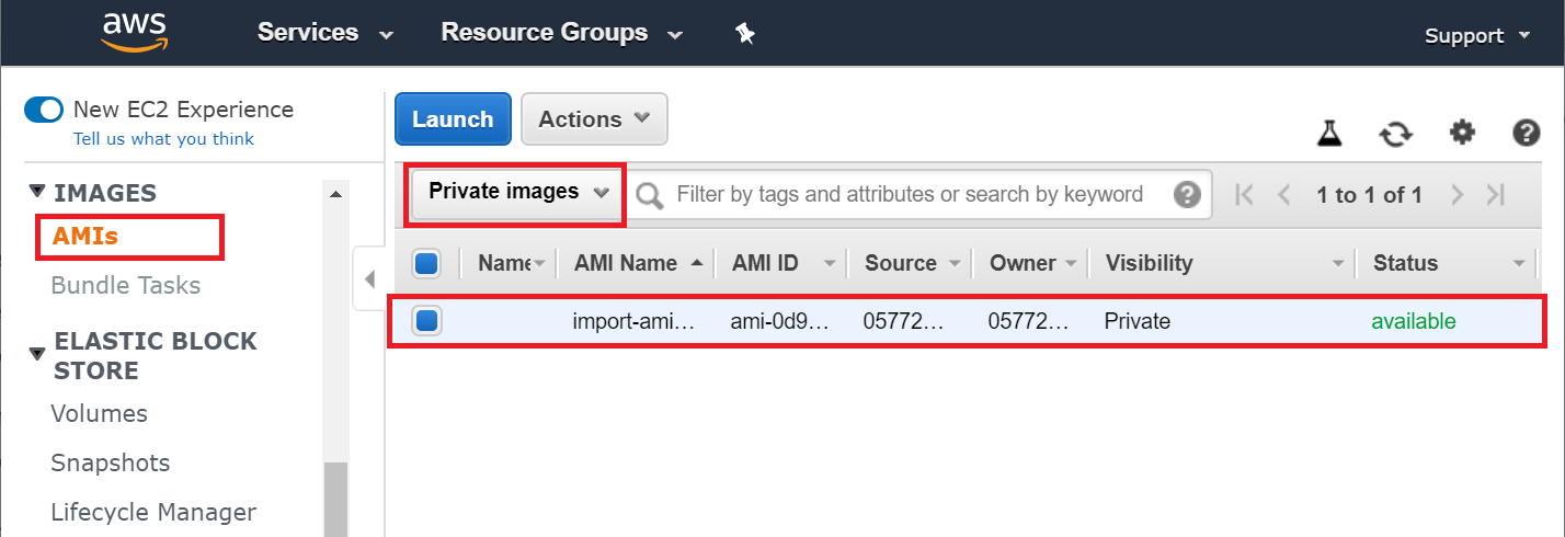 AWS AMI settings area