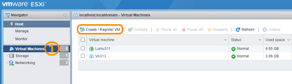 Creating a VM on ESXi Navigator pane