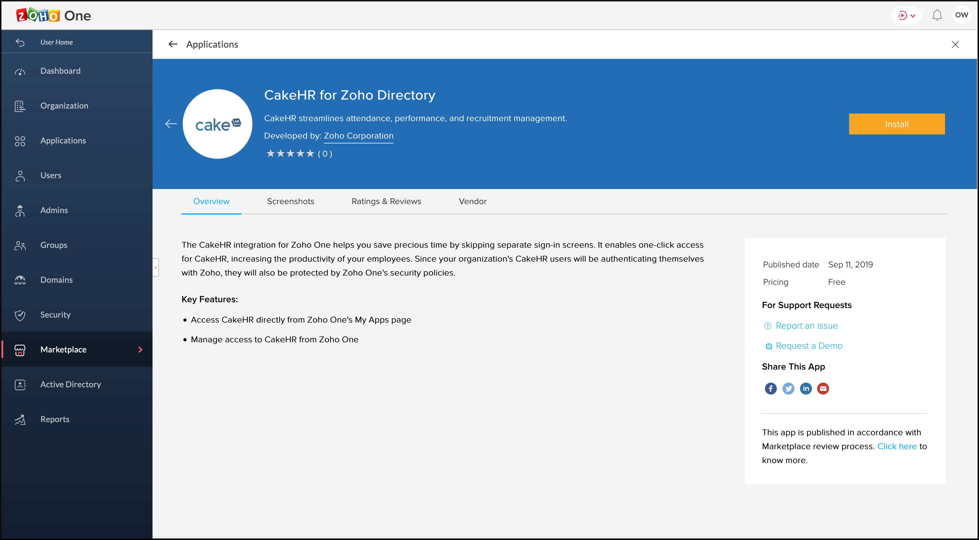マーケットプレイスのCakeHR for Zoho Directoryのインストールページ