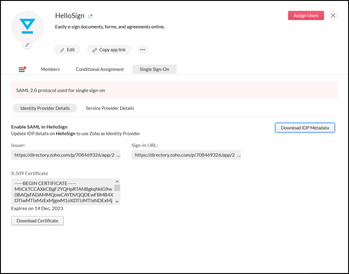 Manage Apps - HelloSign for Zoho Directory | Markeplace Installation ...