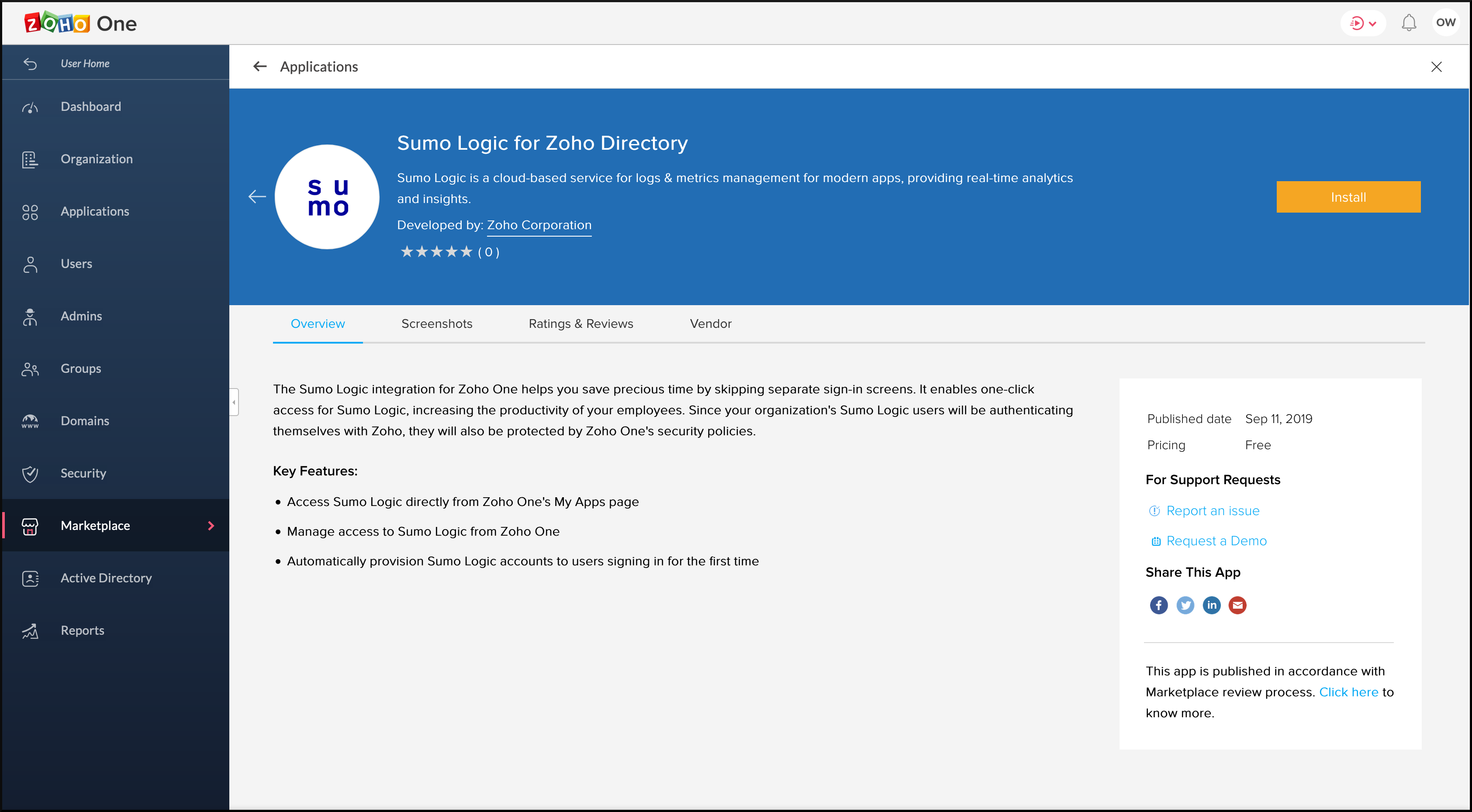 マーケットプレイスのSumo Logic for Zoho Directoryのインストールページ