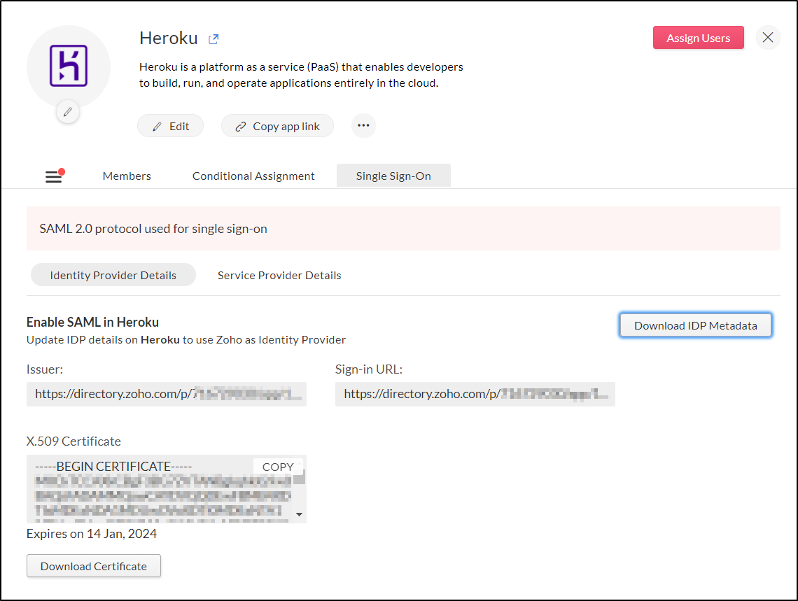 SSO configuration page of Heroku in Zoho One and Zoho Directory