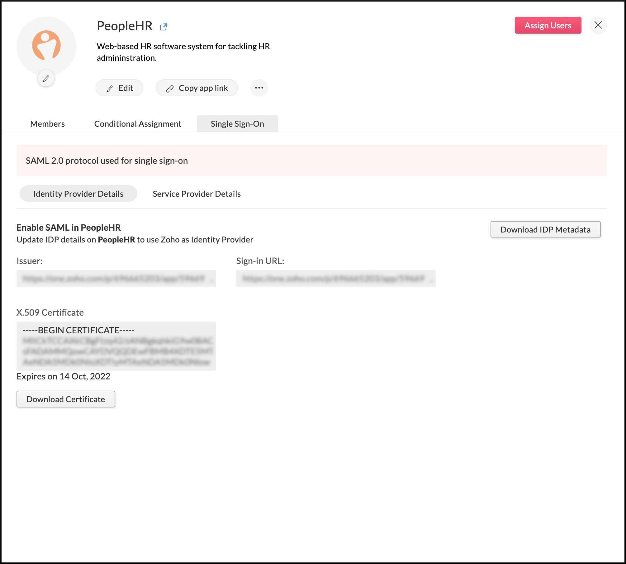 Identity provider details needed to configure SAML in PeopleHR