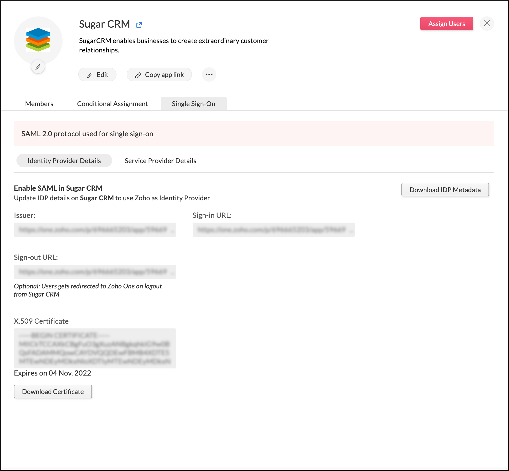 Identity provider details needed to configure SAML in SugarCRM