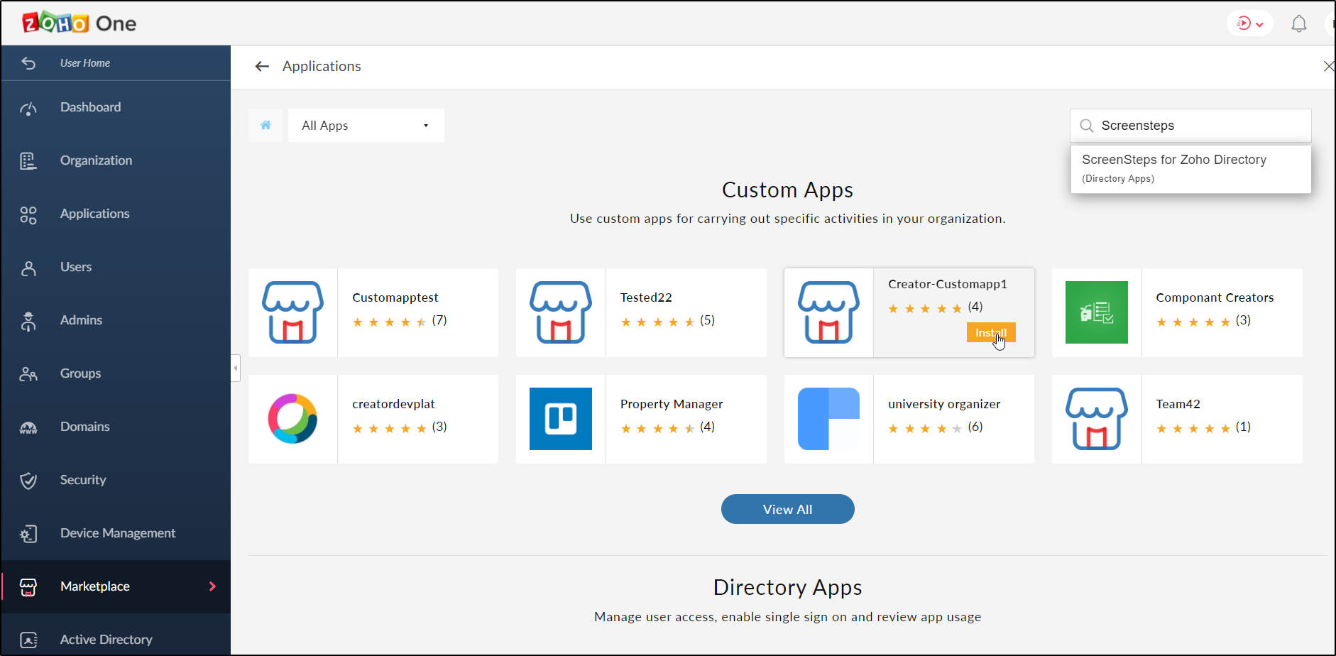 Add Screensteps in Zoho One Marketplace