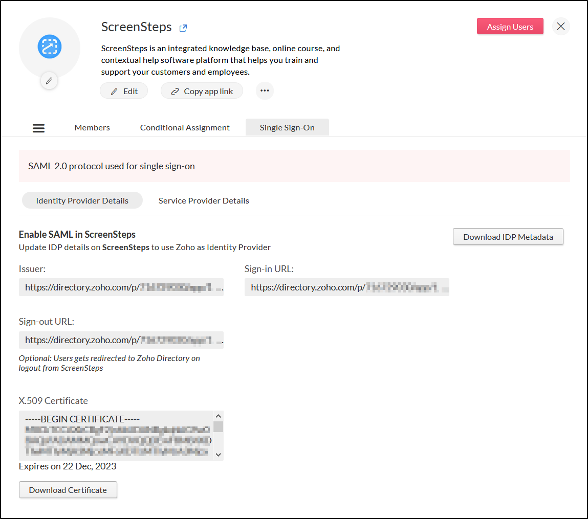 ScreenSteps SSO page in Zoho One and Zoho Directory