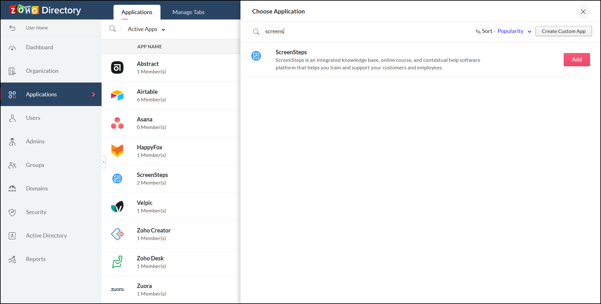 Add ScreenSteps in Zoho Directory