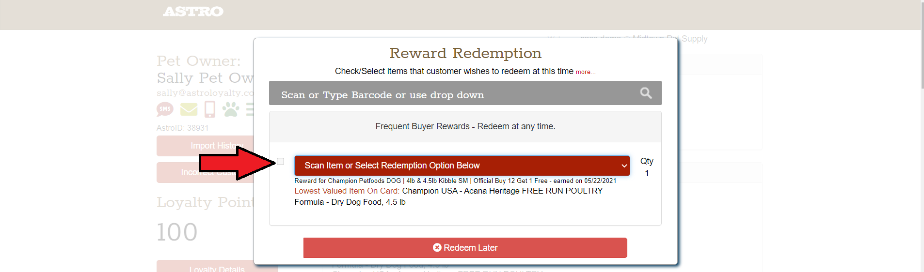 Redeem Frequent Buyer 3 Lightspeed via  Browser Partial