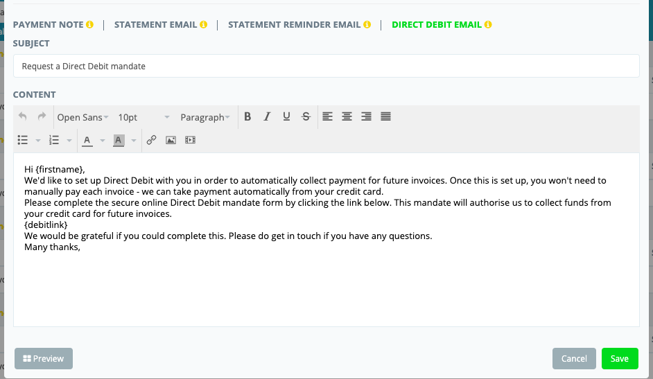 Modify your direct debit email request template