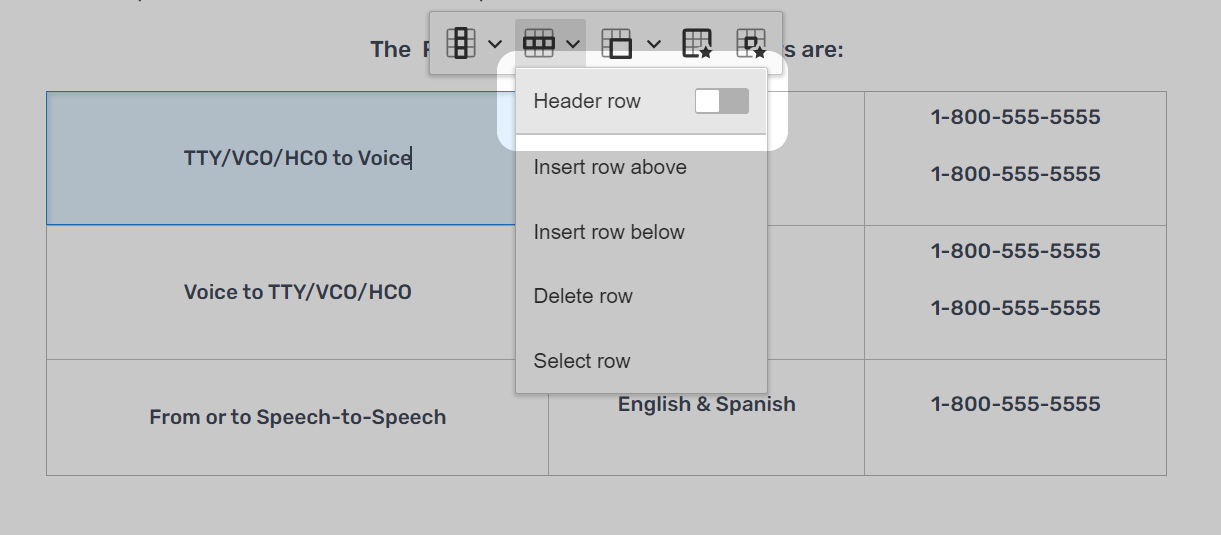 Screenshot of text editor table feature with highlight around the header row toggle