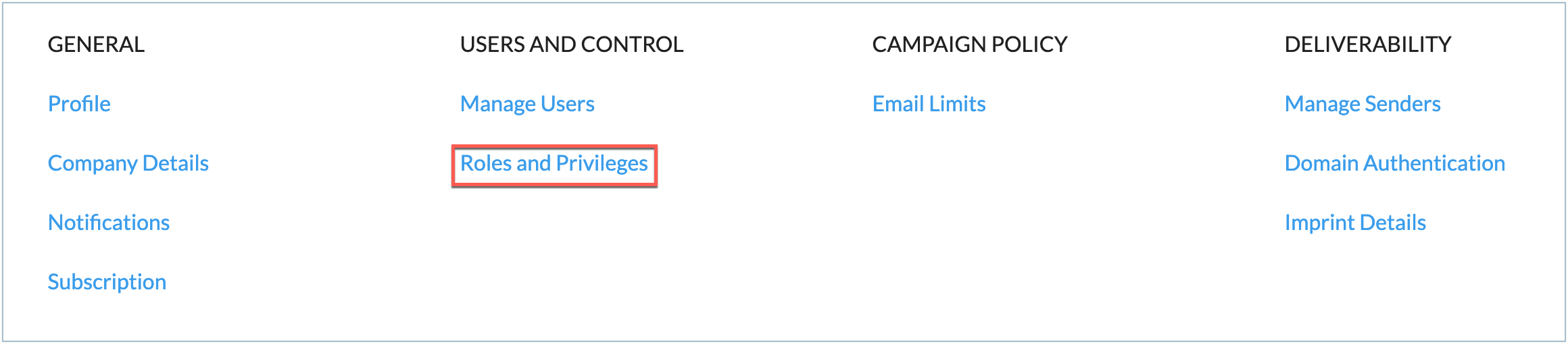 settings landing page