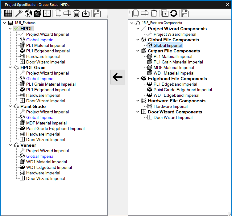 Specification Group Window and Component Window