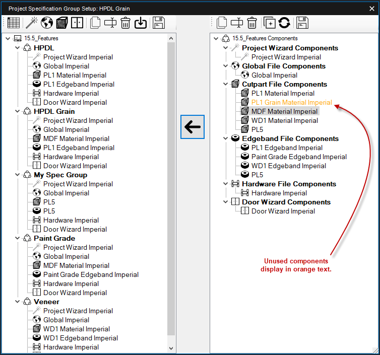 Unused Spec Groups display in Orange. 