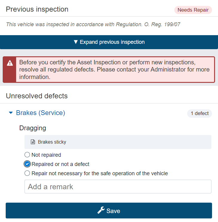 A dialog appears at the top of the screen if any defects were identified in a previous inspection of the vehicle