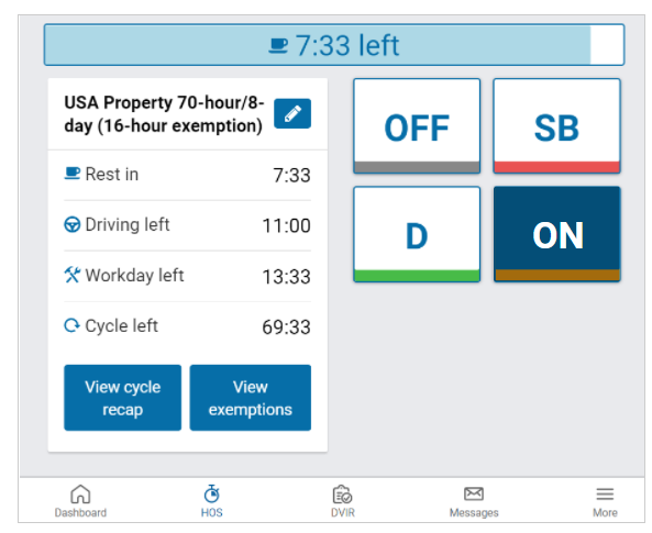 Provides an an overview of your duty status and driving availability. Also allows you to change your duty cycle, current duty status, and exemptions.