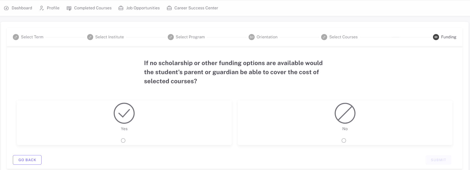 A user interface screen with options to select academic terms, programs, and courses, and a question prompt asking if parents or guardians can cover course costs without scholarships.AI-generated content may be incorrect.