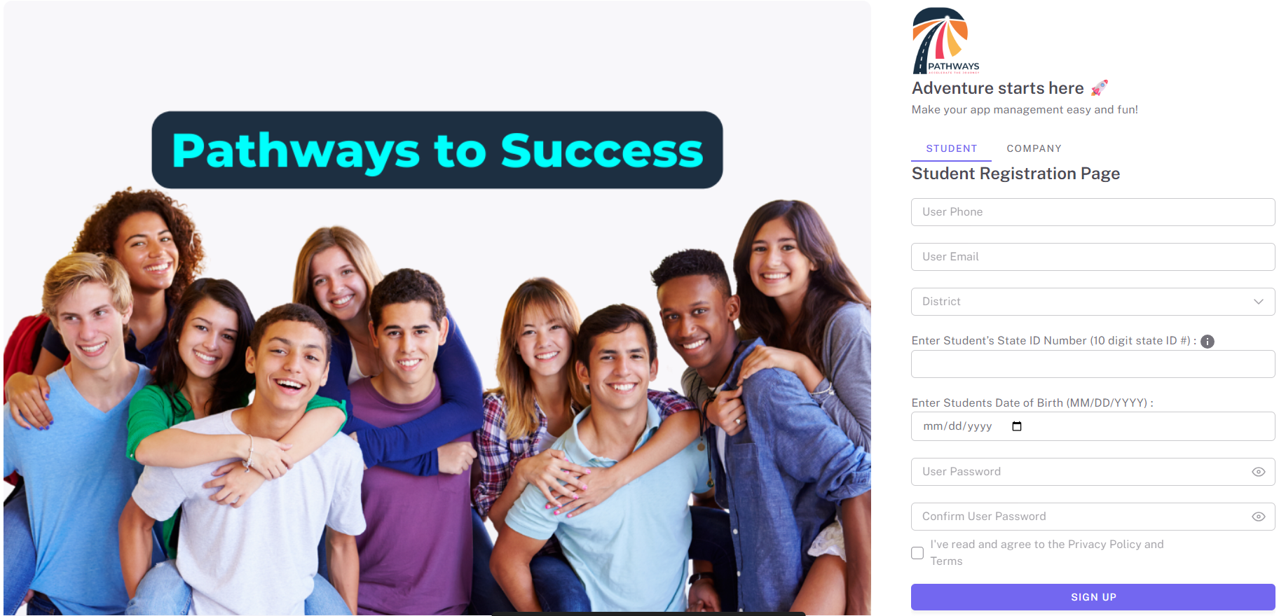 The image shows a group of students gathered, with a web page interface displaying a student registration form with fields for personal information and consent to privacy policies.AI-generated content may be incorrect.