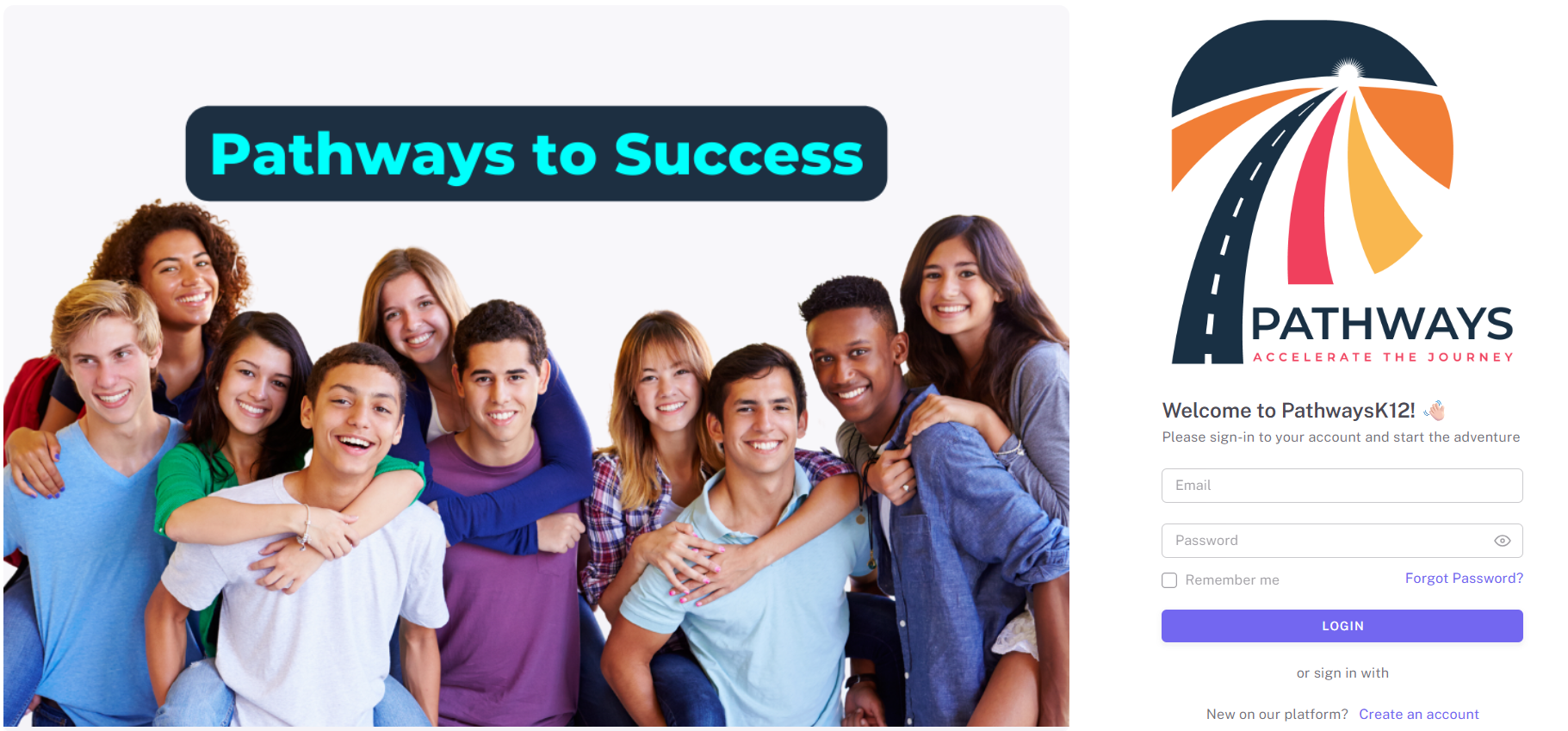 The image depicts a group of people standing together, smiling, and holding hands, with a digital interface in the background featuring a welcome message for a platform named PathwaysK12, inviting users to sign in and embark on their journey.AI-generated content may be incorrect.