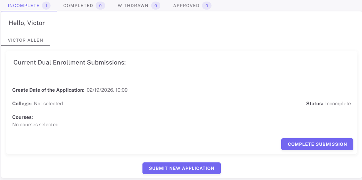 The image displays a completed dual enrollment application form with all fields filled, including the applicant's name, creation date, and status as 'Incomplete'.AI-generated content may be incorrect.