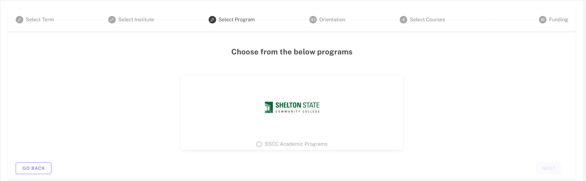The image displays a webpage with a selection process for various educational programs at Shelton State Community College, including orientation, courses, and funding options.AI-generated content may be incorrect.