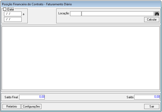 Posição Financeira do Contrato - Faturamento Diário atá Saldo Final Relatório Locação Calcular Saldo Configurações 