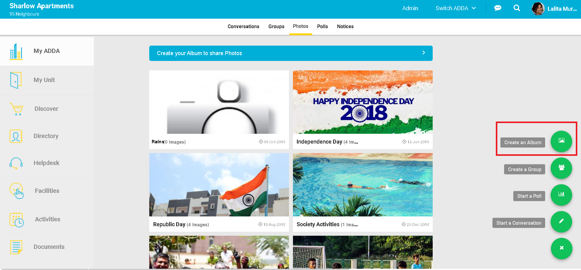 How can I create my own album on ADDA Portal ? How can I upload photos