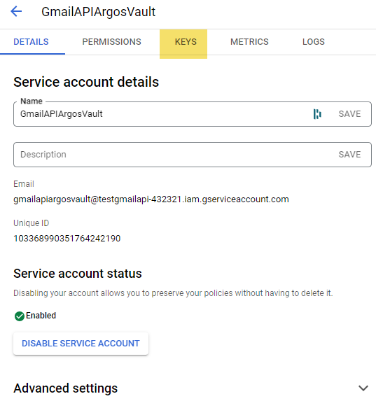 A screenshot of a service accountDescription automatically generated