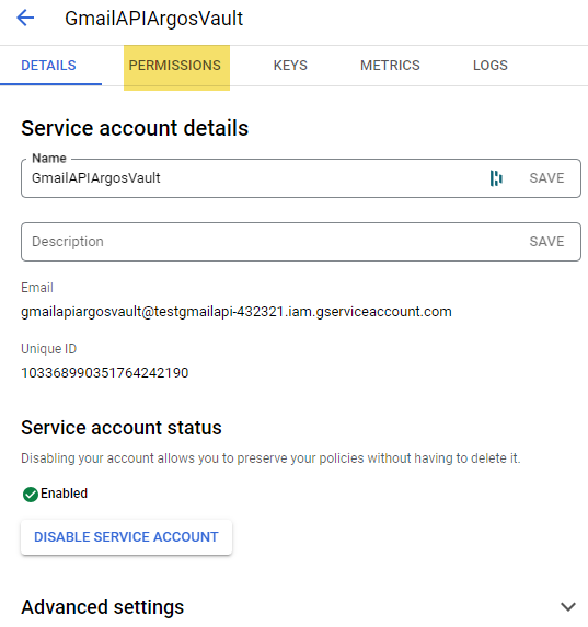 A screenshot of a service accountDescription automatically generated