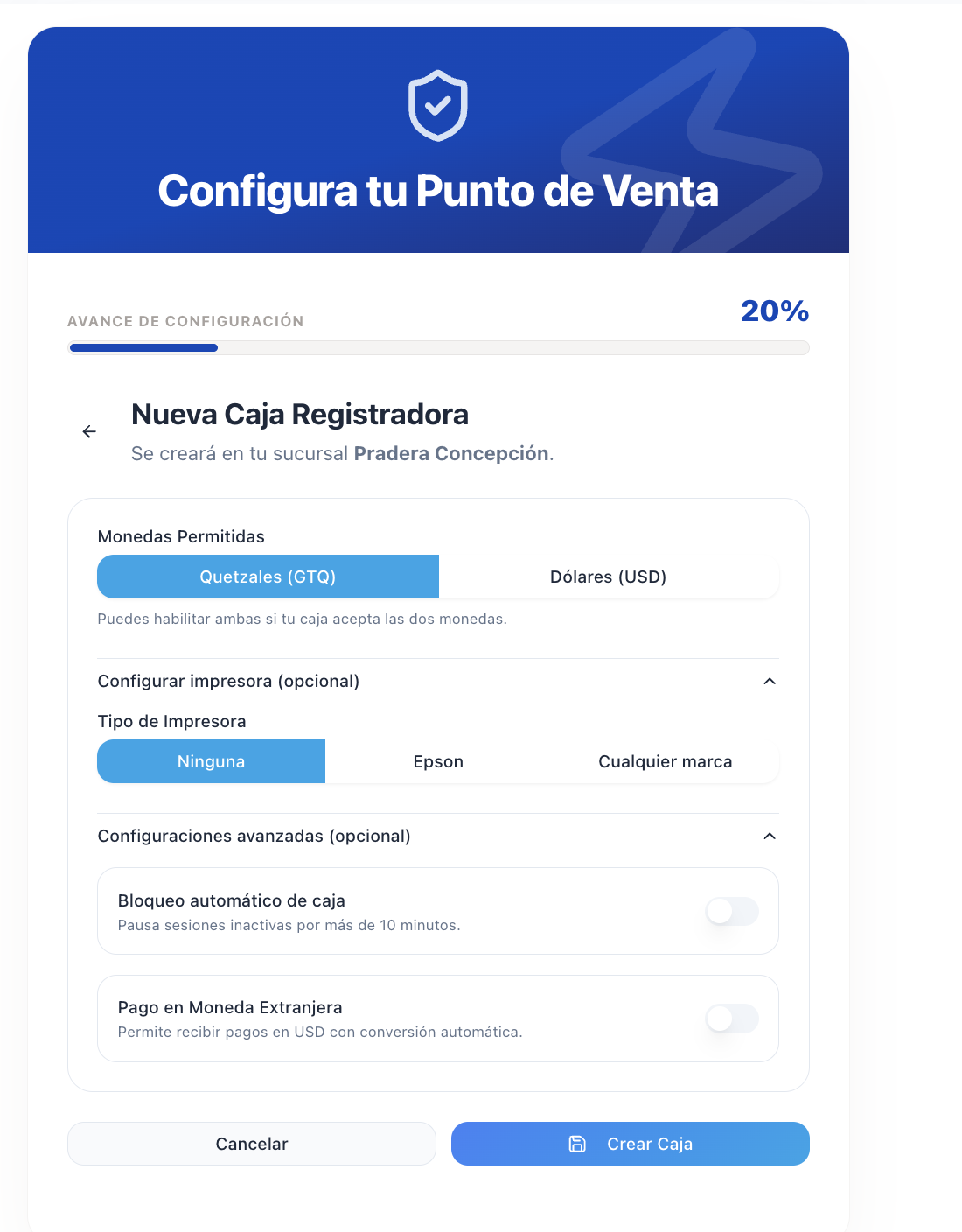 Formulario Nueva Caja Registradora
