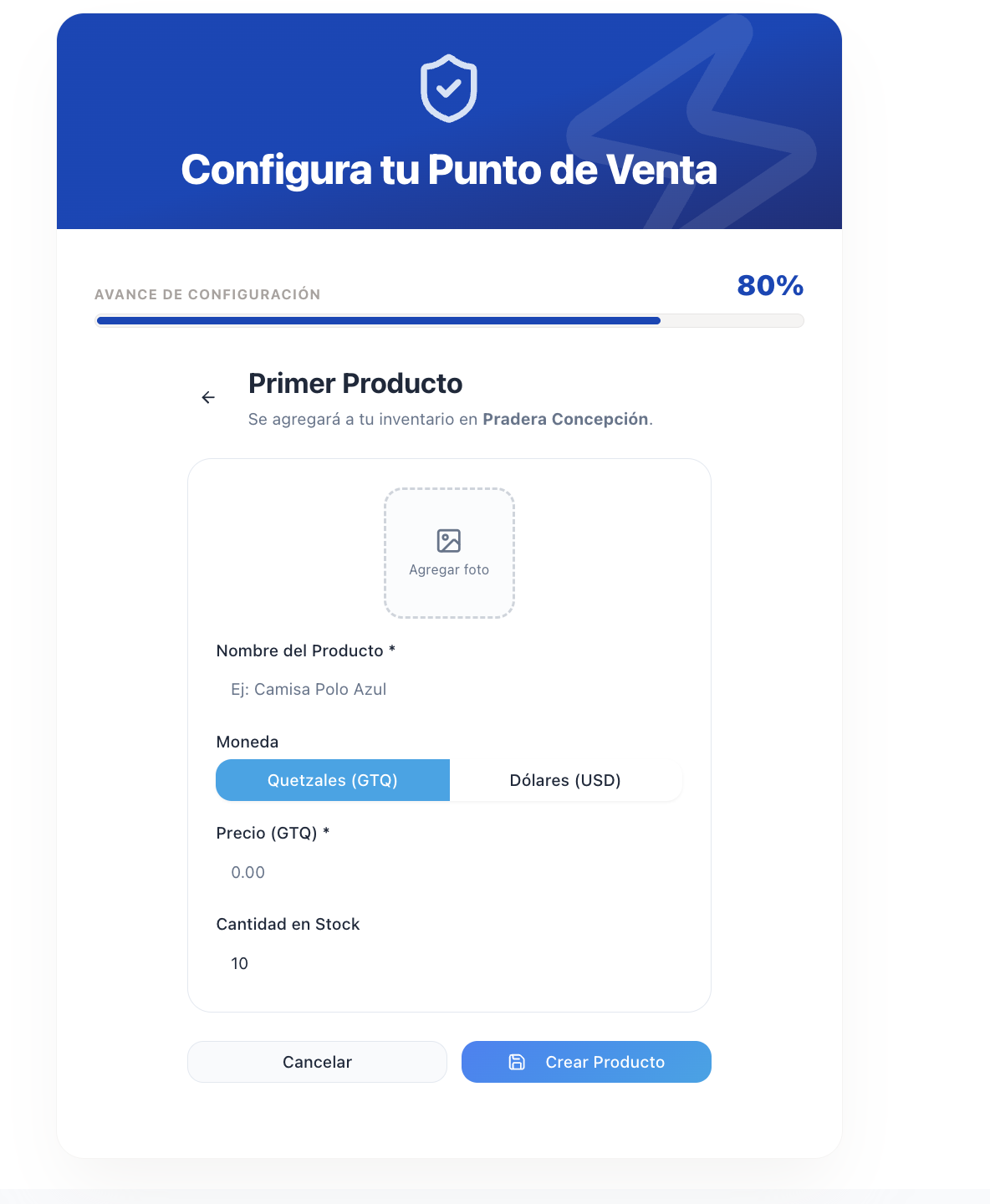 Formulario para agregar el primer producto